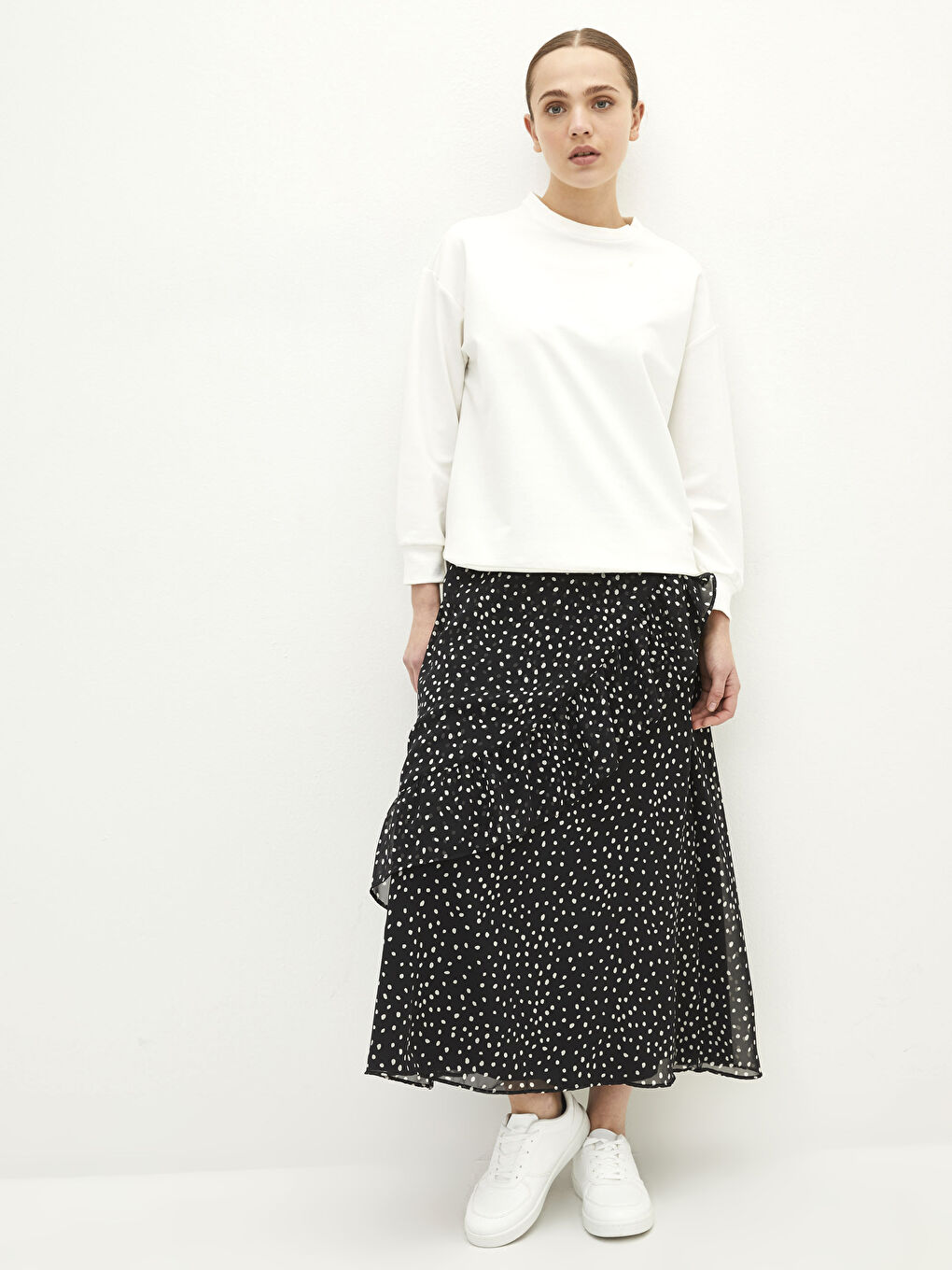 Fustă din Șifon cu Model pentru Femei cu Talie Elastică-2