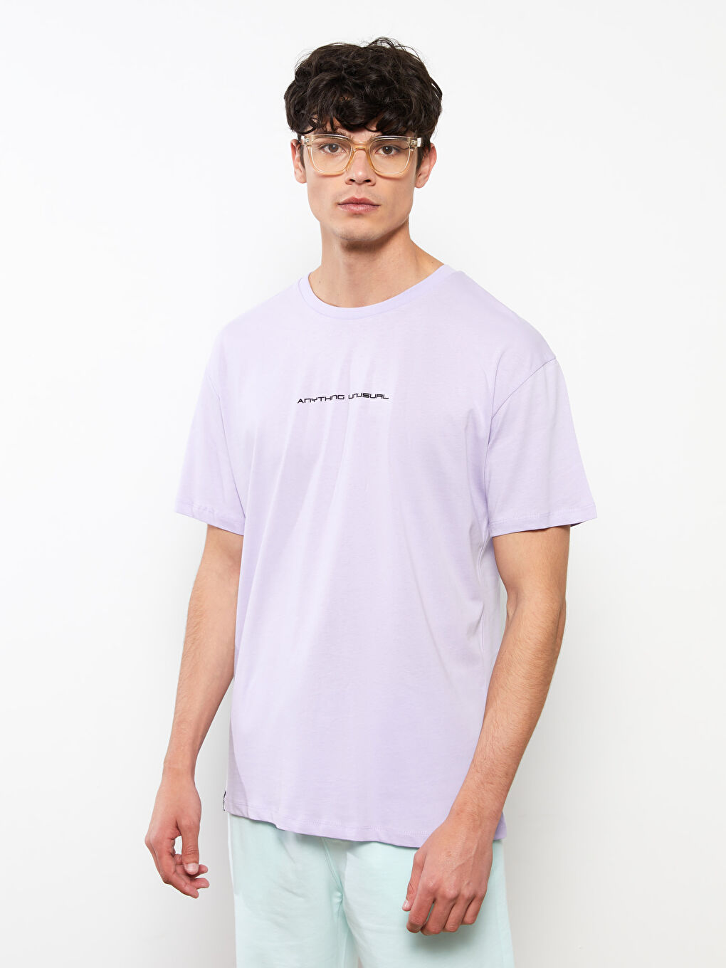 Lila Bisiklet Yaka Kısa Kollu Baskılı Penye Erkek Tişört-1