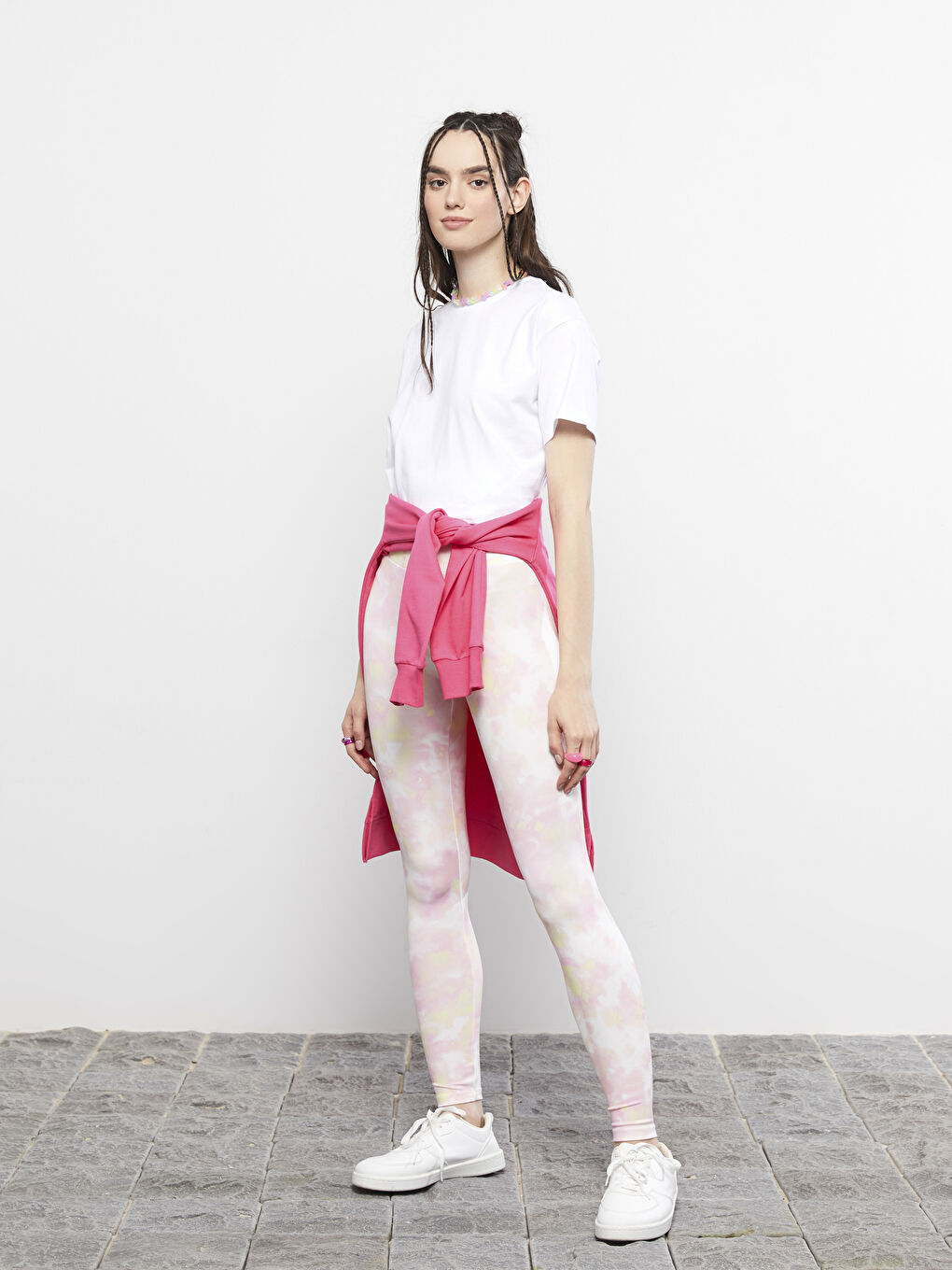 Pembe Beli Lastikli Batik Desenli Kadın Spor Tayt-1