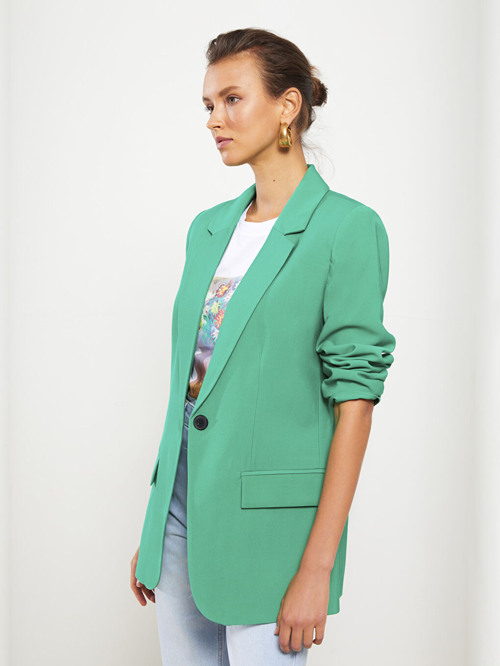 جاكيت بليزر للسيدات بأزرار وكم طويل عادي-1