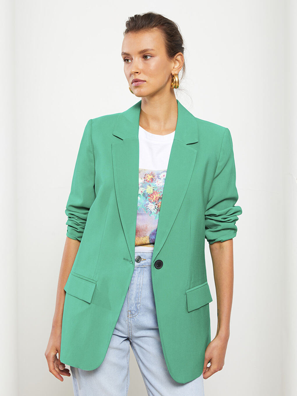 جاكيت بليزر للسيدات بأزرار وكم طويل عادي-2