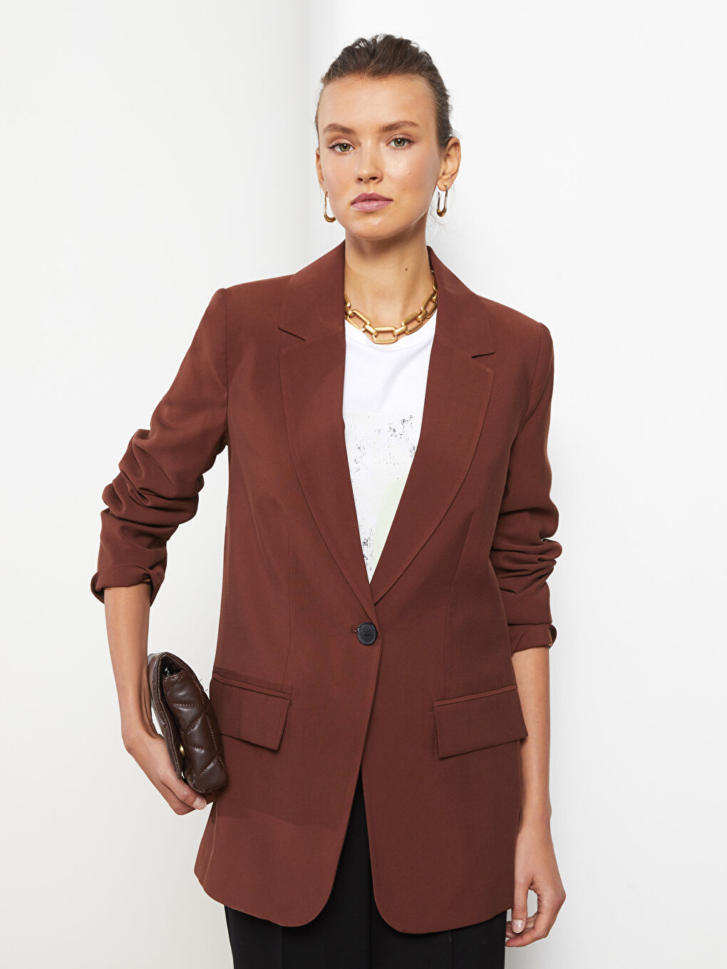 Kahverengi Önden Düğme Kapamalı Düz Uzun Kollu Kadın Blazer Ceket-1