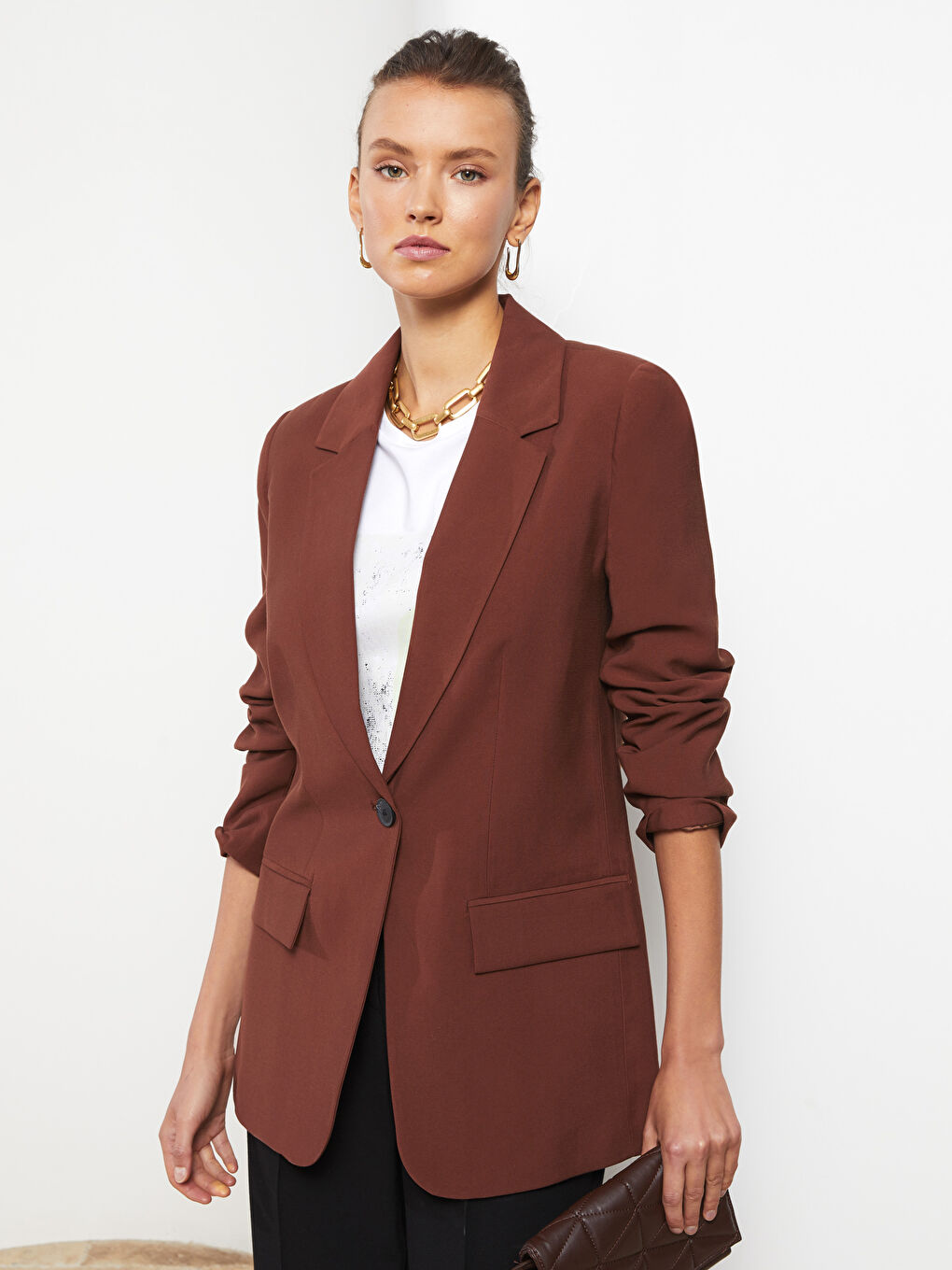 Kahverengi Önden Düğme Kapamalı Düz Uzun Kollu Kadın Blazer Ceket-2