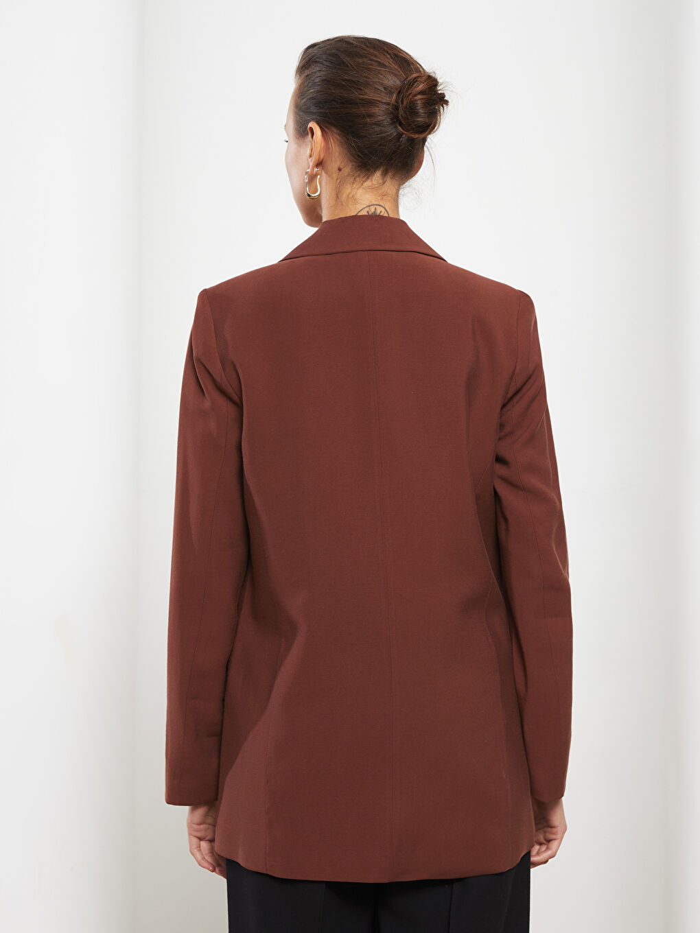 Kahverengi Önden Düğme Kapamalı Düz Uzun Kollu Kadın Blazer Ceket-4