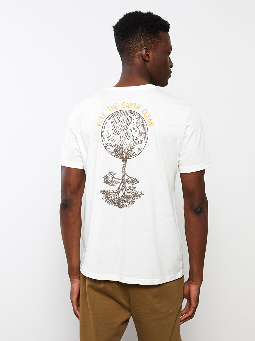 Ekru Bisiklet Yaka Kısa Kollu Baskılı Erkek Tişört-4