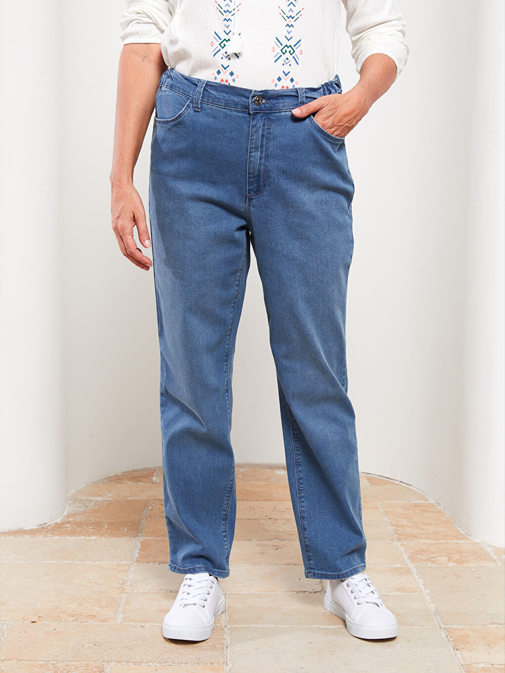 Bej Beli Lastikli Mercury Skinny Fit Düz Cep Detaylı Kadın Jean Pantolon-3
