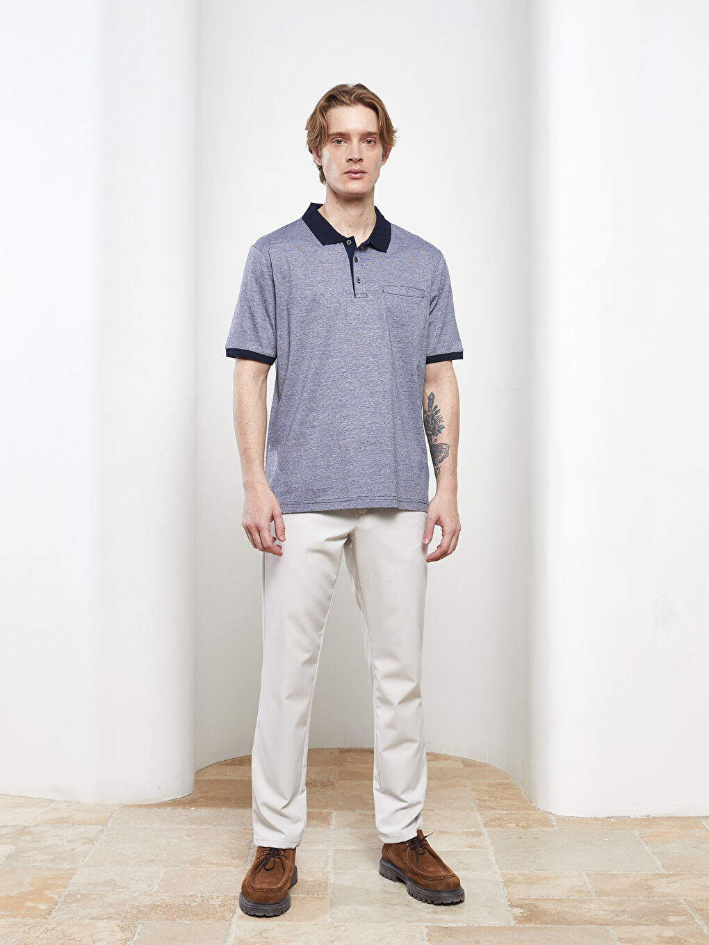 Lacivert Polo Yaka Kısa Kollu Erkek Merserize Tişört