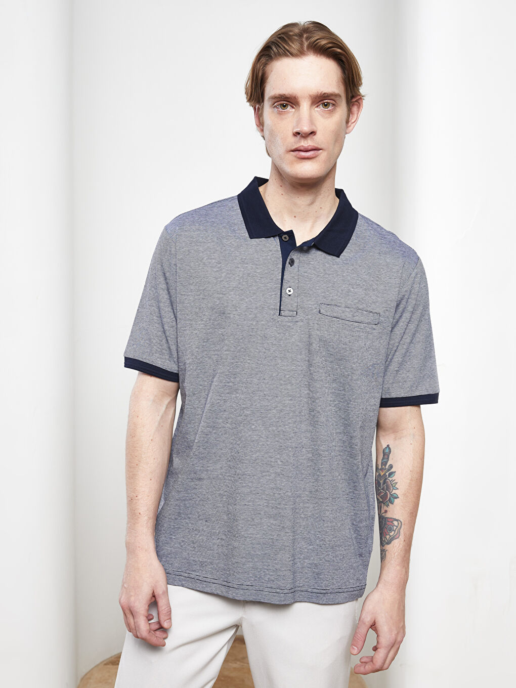 Lacivert Polo Yaka Kısa Kollu Erkek Merserize Tişört-1