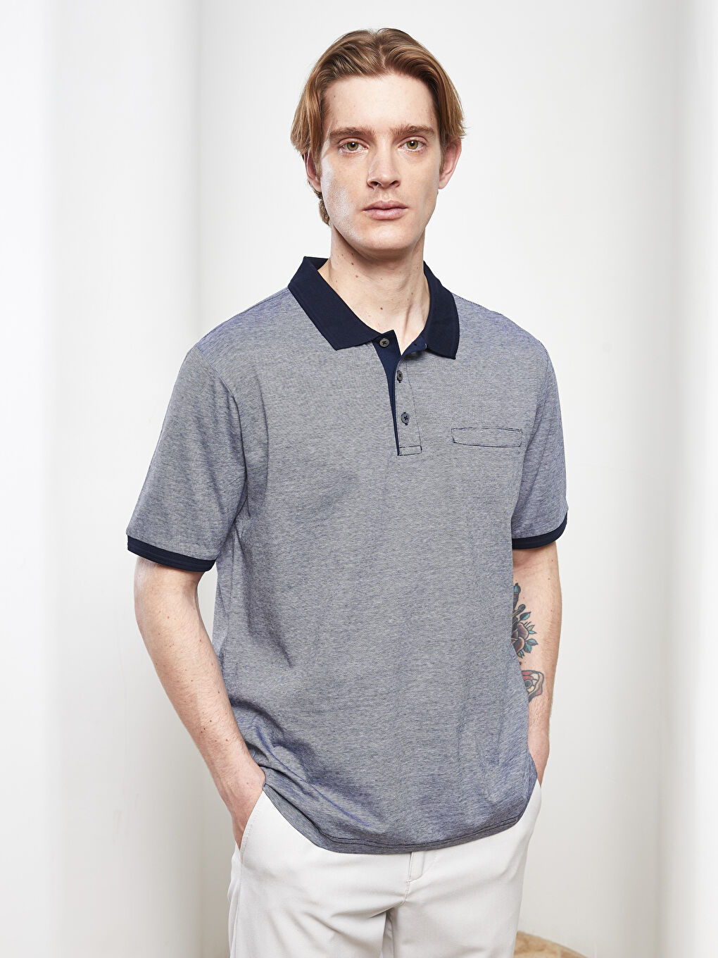 Lacivert Polo Yaka Kısa Kollu Erkek Merserize Tişört-2