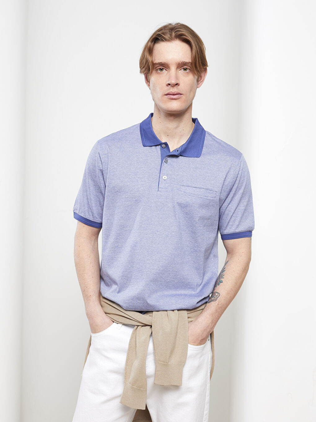 Polo Collar Short Sleeved Men's Mercerized T-Shirt