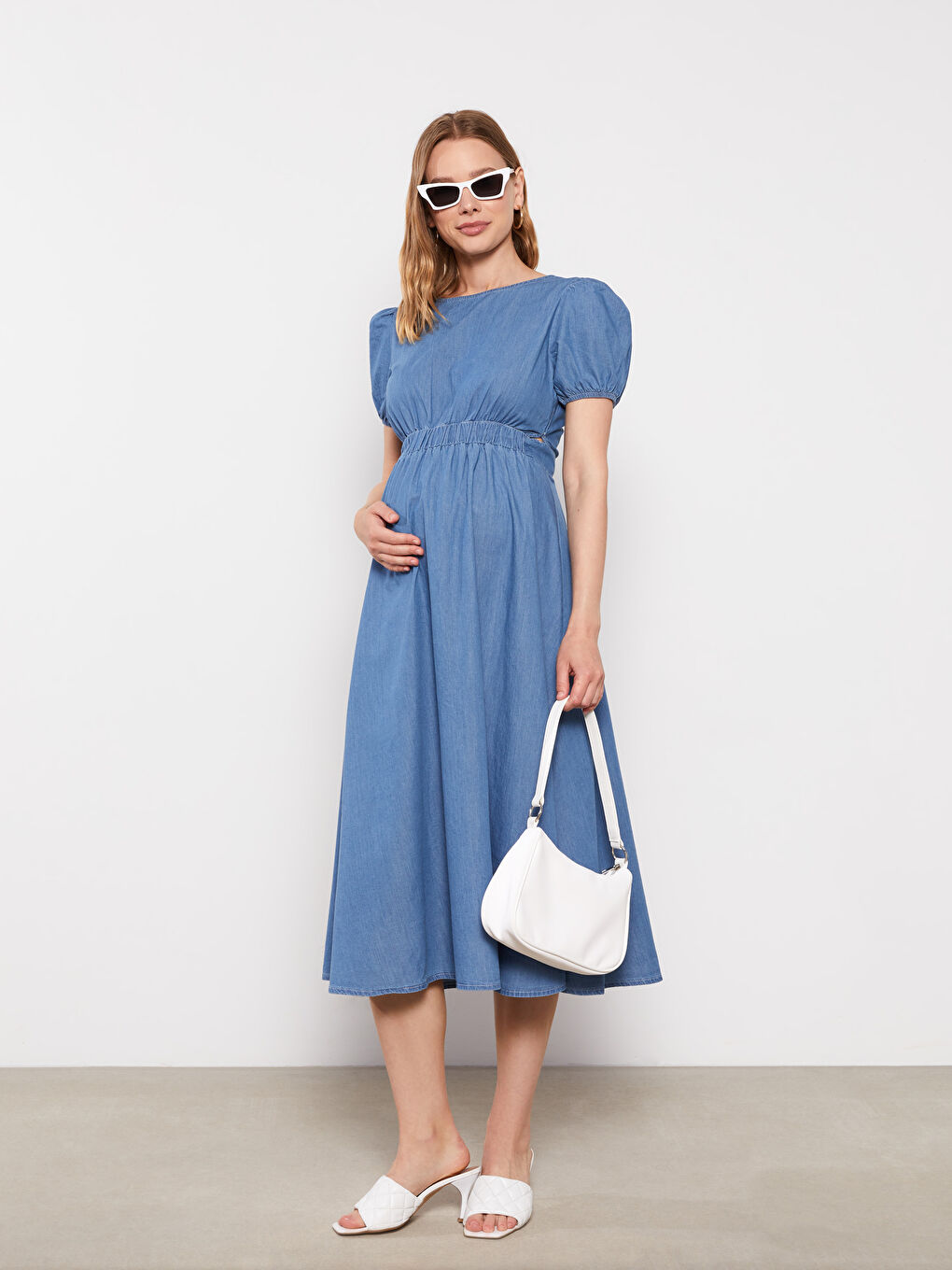 İndigo Bisiklet Yaka Düz Kısa Kollu Hamile Rodeo Jean Elbise