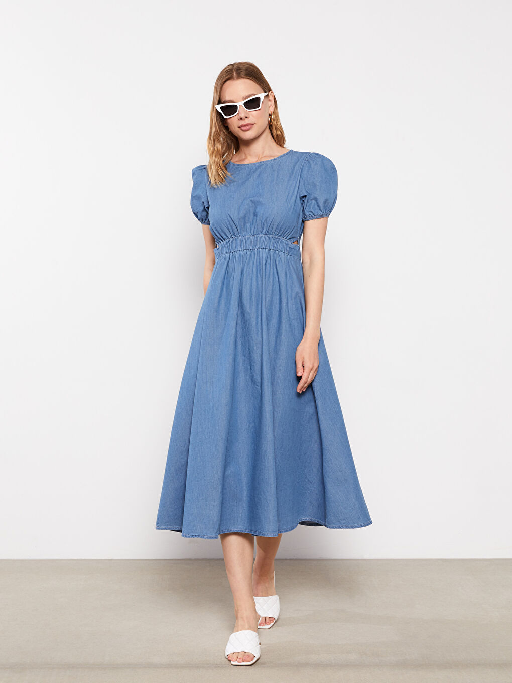 İndigo Bisiklet Yaka Düz Kısa Kollu Hamile Rodeo Jean Elbise-1