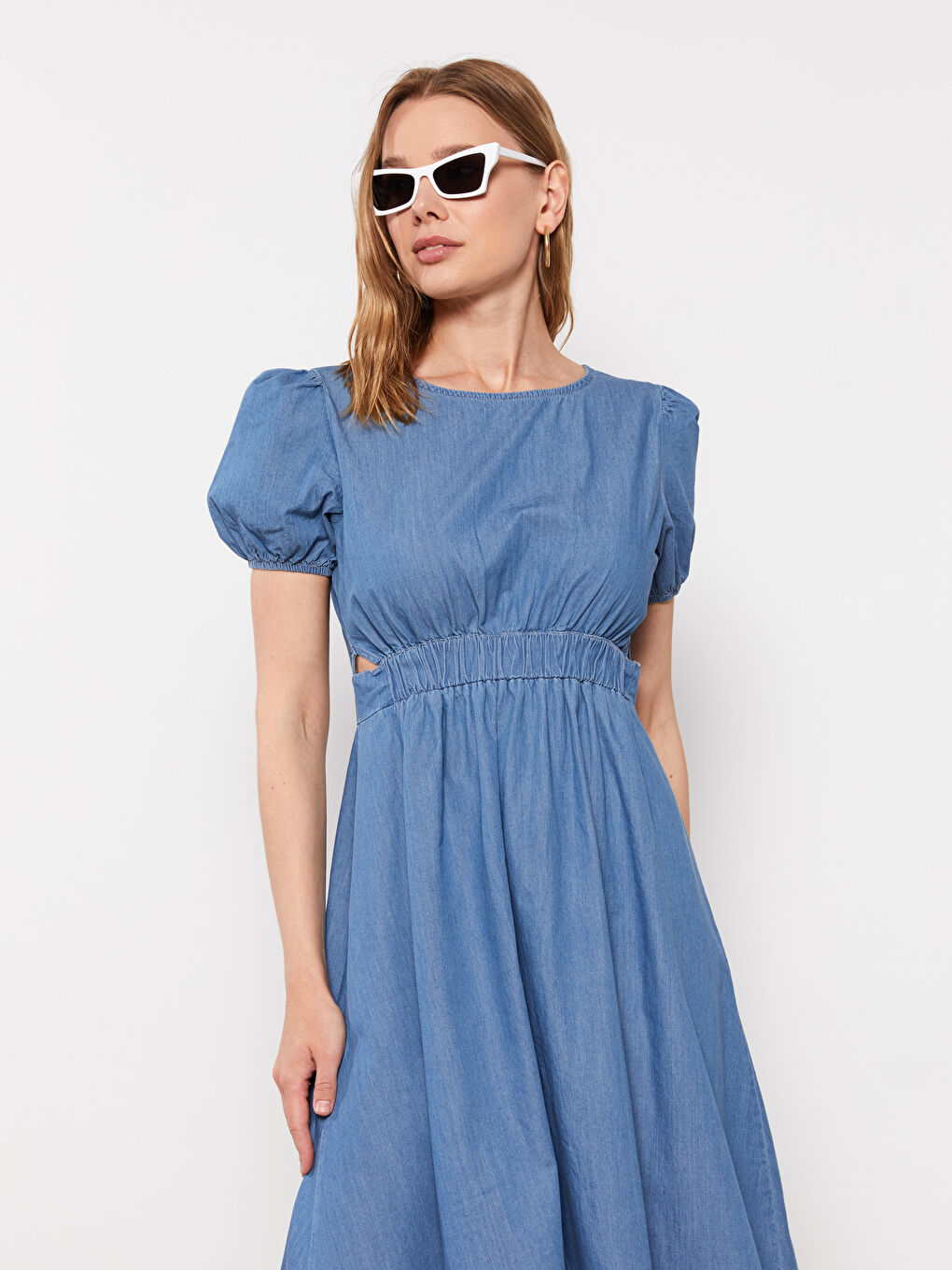 İndigo Bisiklet Yaka Düz Kısa Kollu Hamile Rodeo Jean Elbise-3