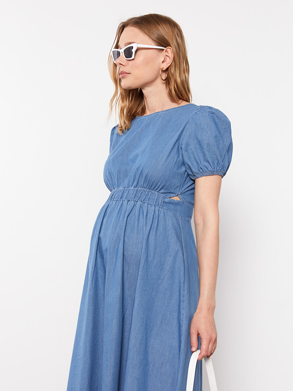 İndigo Bisiklet Yaka Düz Kısa Kollu Hamile Rodeo Jean Elbise-5