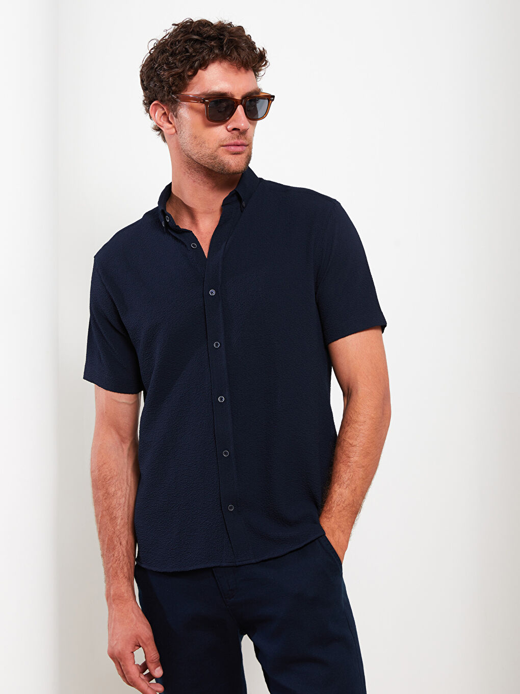 Lacivert Regular Fit Kısa Kollu Erkek Gömlek-1