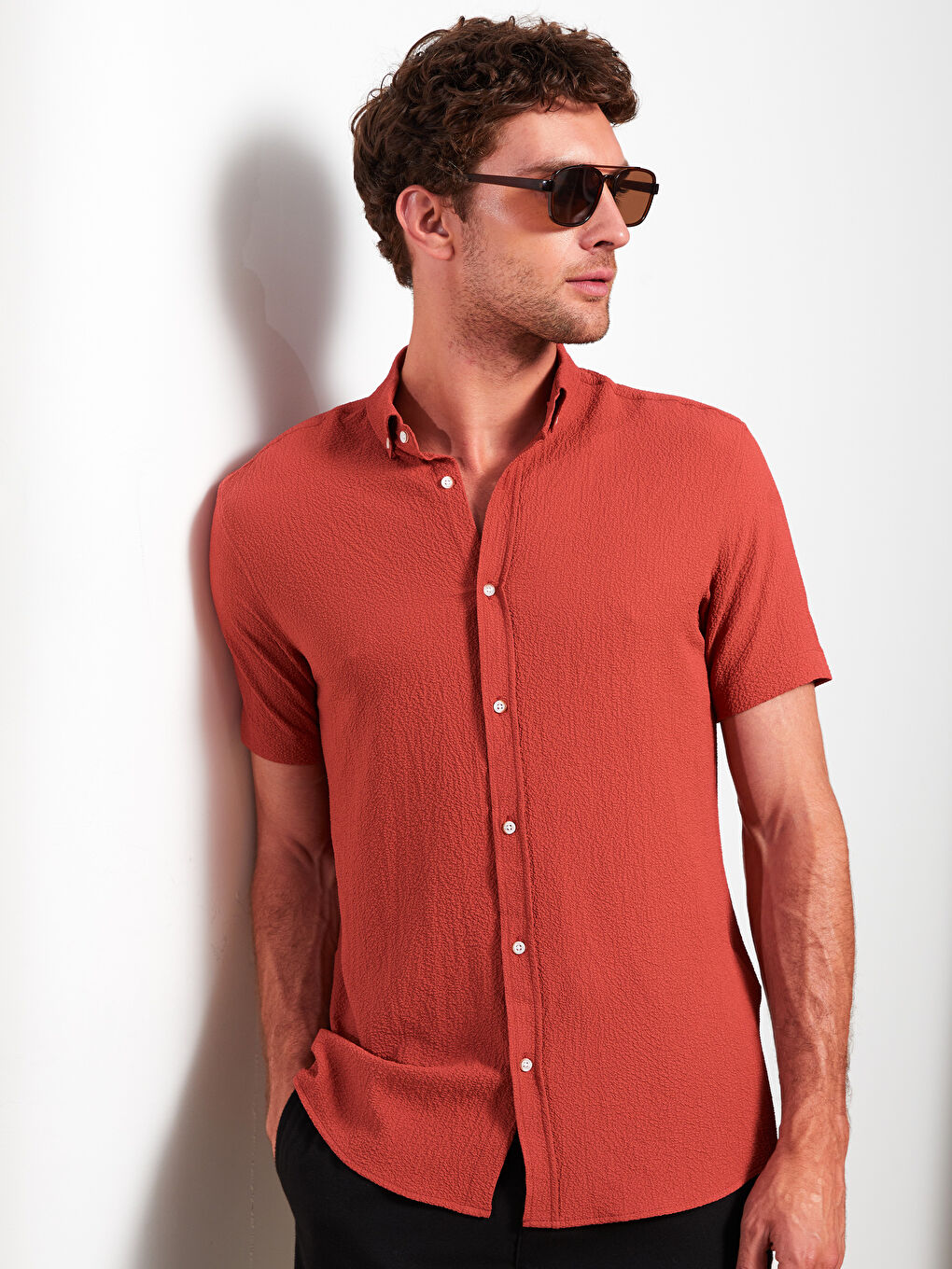 Kırmızı Regular Fit Kısa Kollu Erkek Gömlek