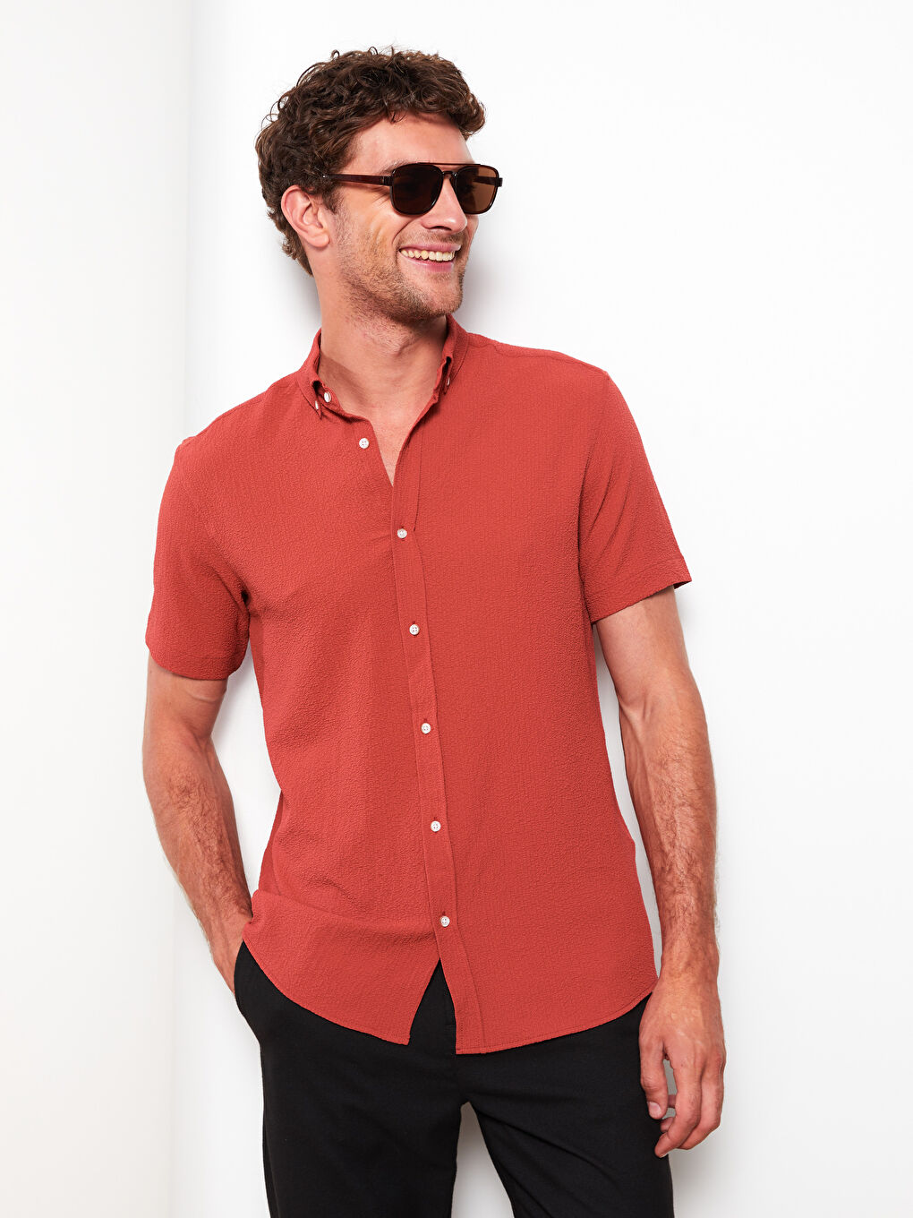 Kırmızı Regular Fit Kısa Kollu Erkek Gömlek-1