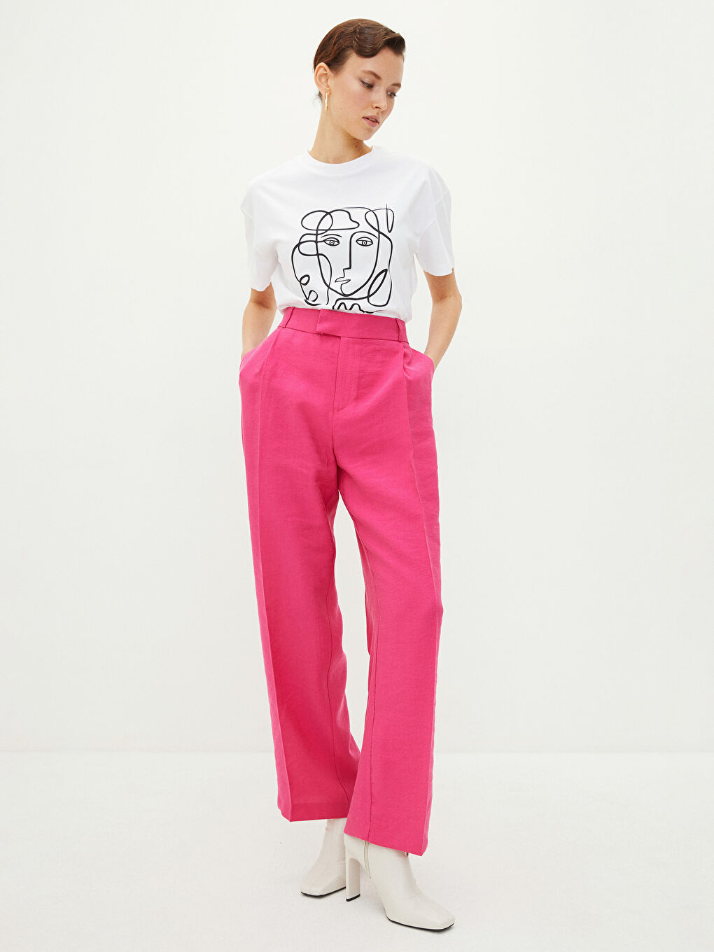 Fuşya Kadın Yüksek Bel Rahat Kalıp Düz Pantolon