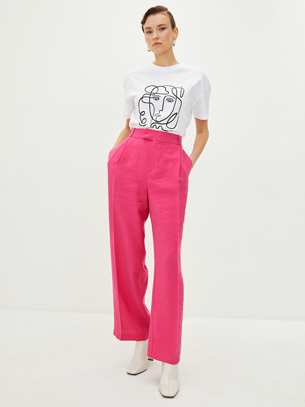 Fuşya Kadın Yüksek Bel Rahat Kalıp Düz Pantolon-1