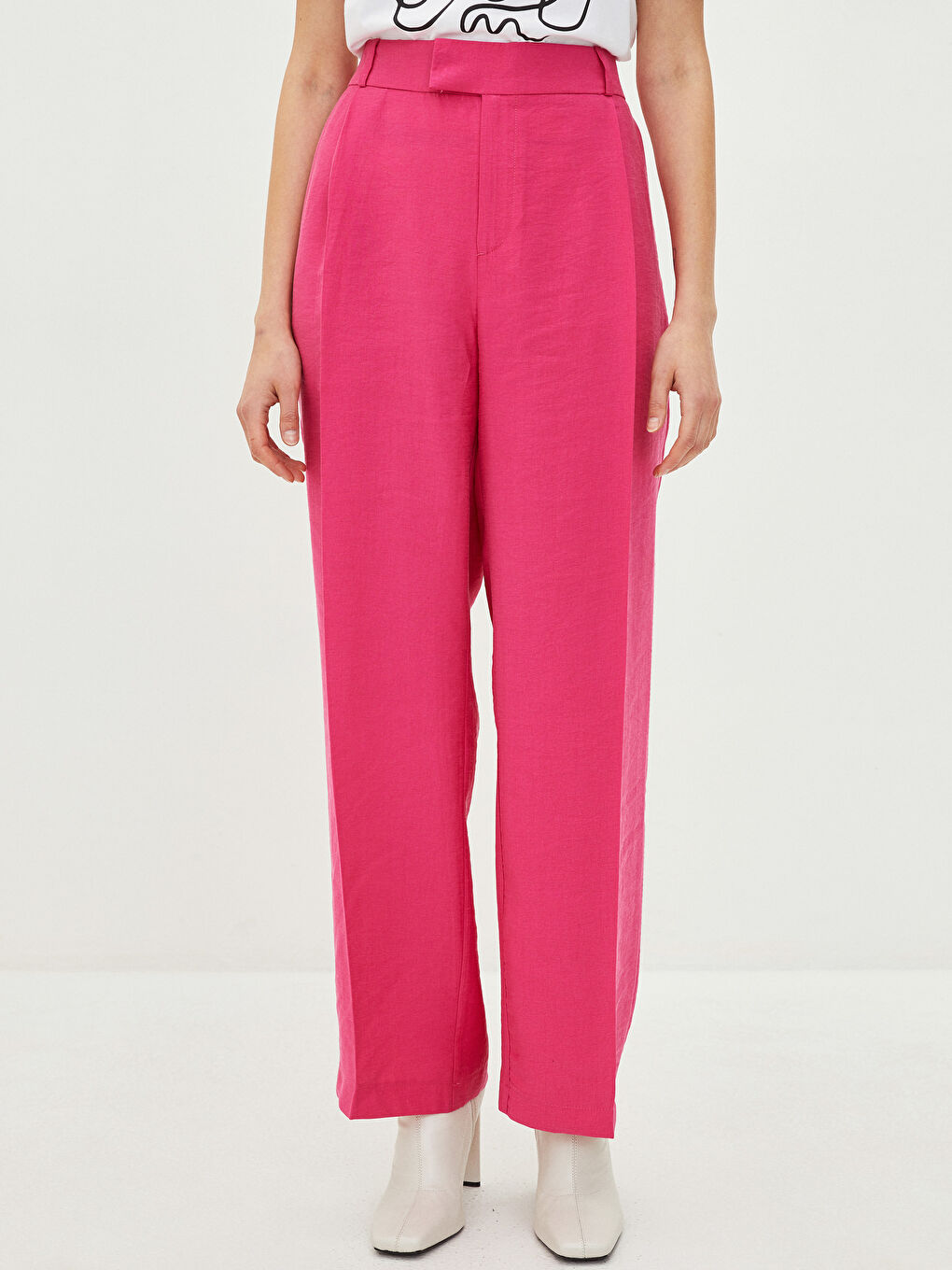 Fuşya Kadın Yüksek Bel Rahat Kalıp Düz Pantolon-2