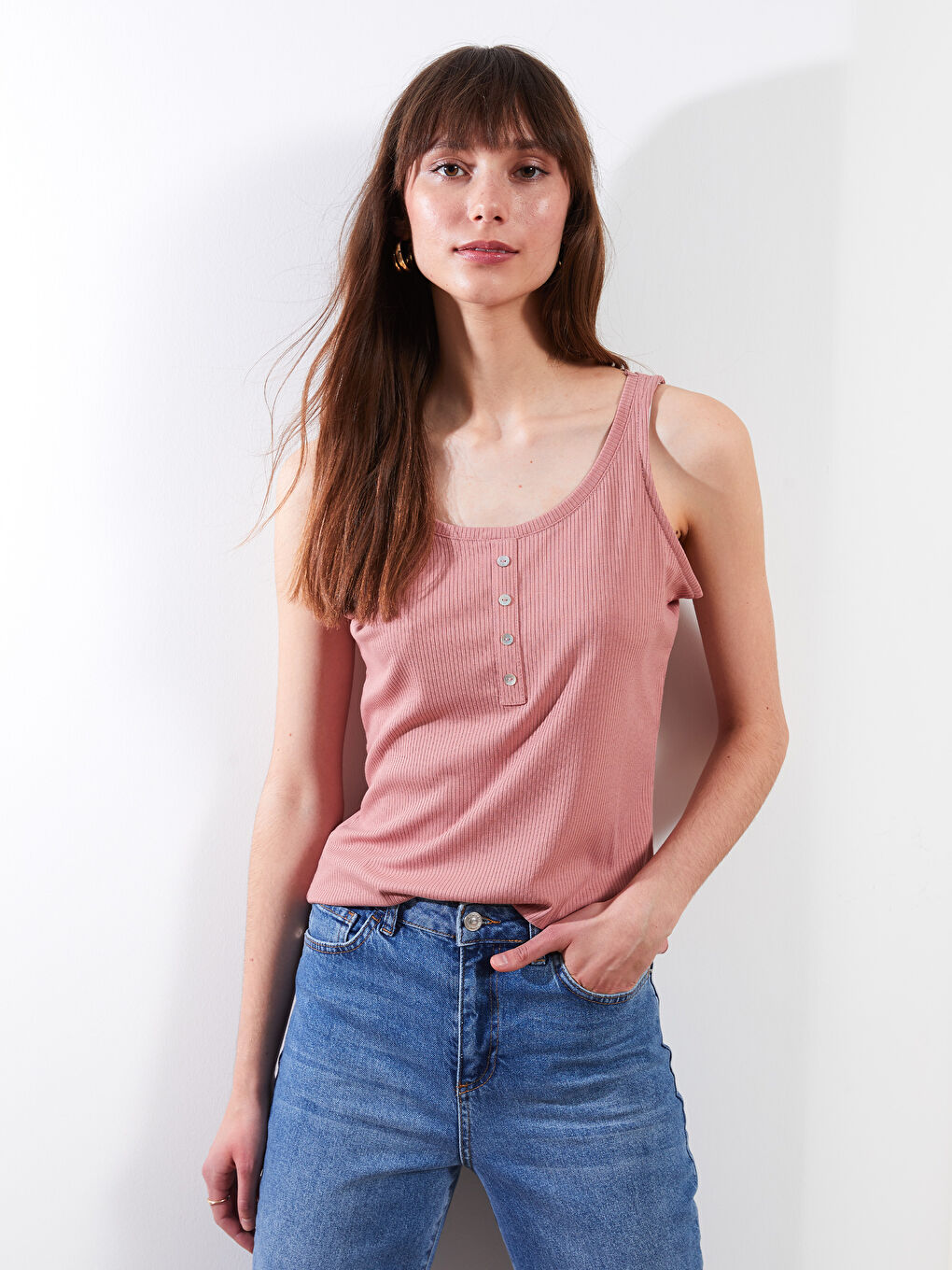 Pembe Kadın U Yaka Düz Kolsuz Atlet