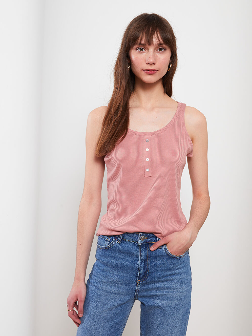 Pembe Kadın U Yaka Düz Kolsuz Atlet-1