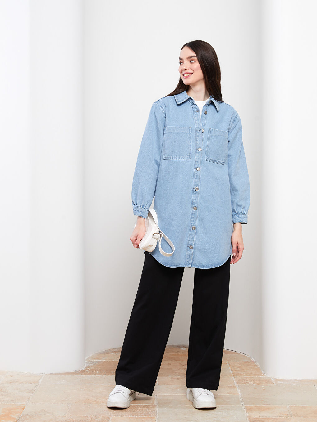 Collared Neck Plain Long Sleeve Women's Denim Tunic