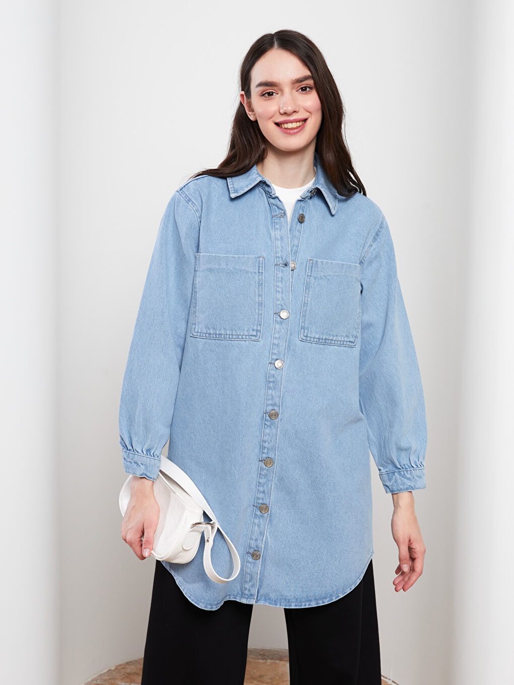 Collared Neck Plain Long Sleeve Women's Denim Tunic-1