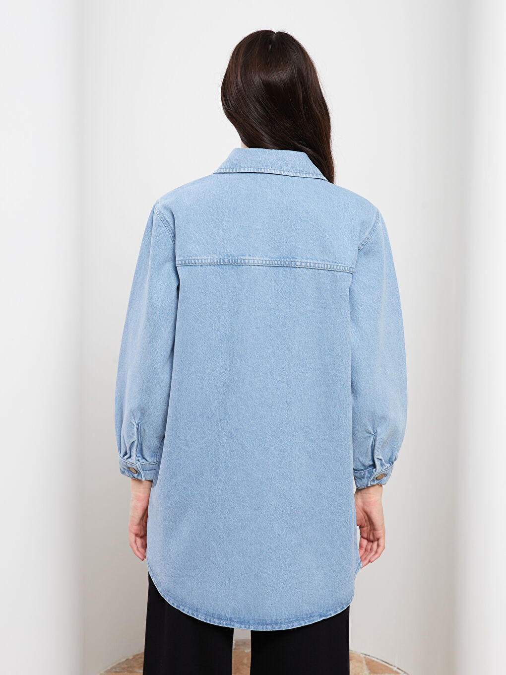 Collared Neck Plain Long Sleeve Women's Denim Tunic-3