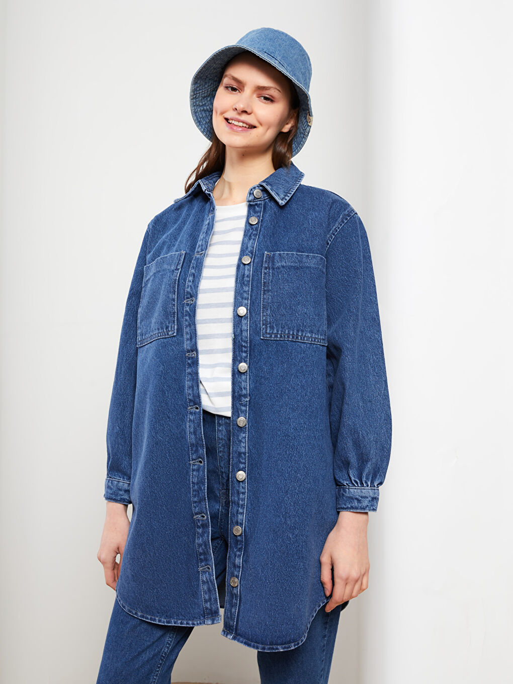 İndigo Gömlek Yaka Düz Uzun Kollu Kadın Jean Tunik-1