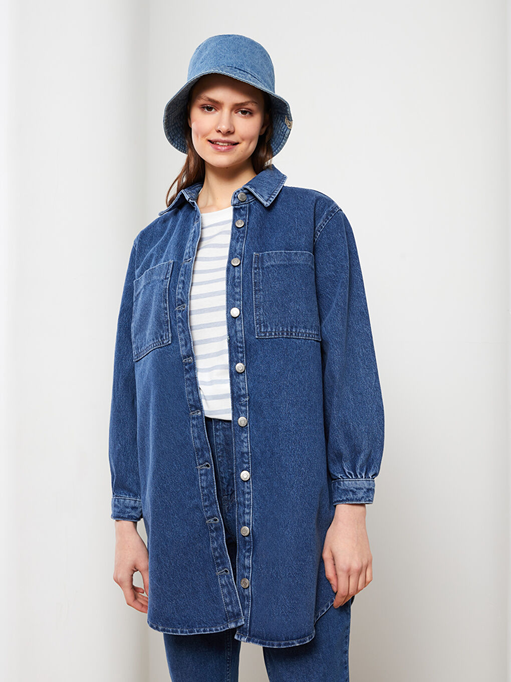 İndigo Gömlek Yaka Düz Uzun Kollu Kadın Jean Tunik-2