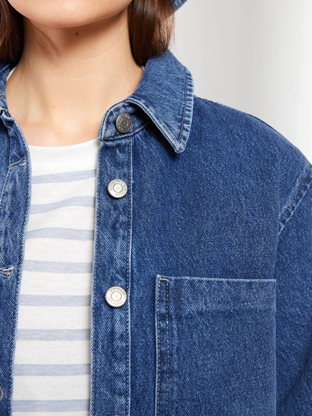 İndigo Gömlek Yaka Düz Uzun Kollu Kadın Jean Tunik-3