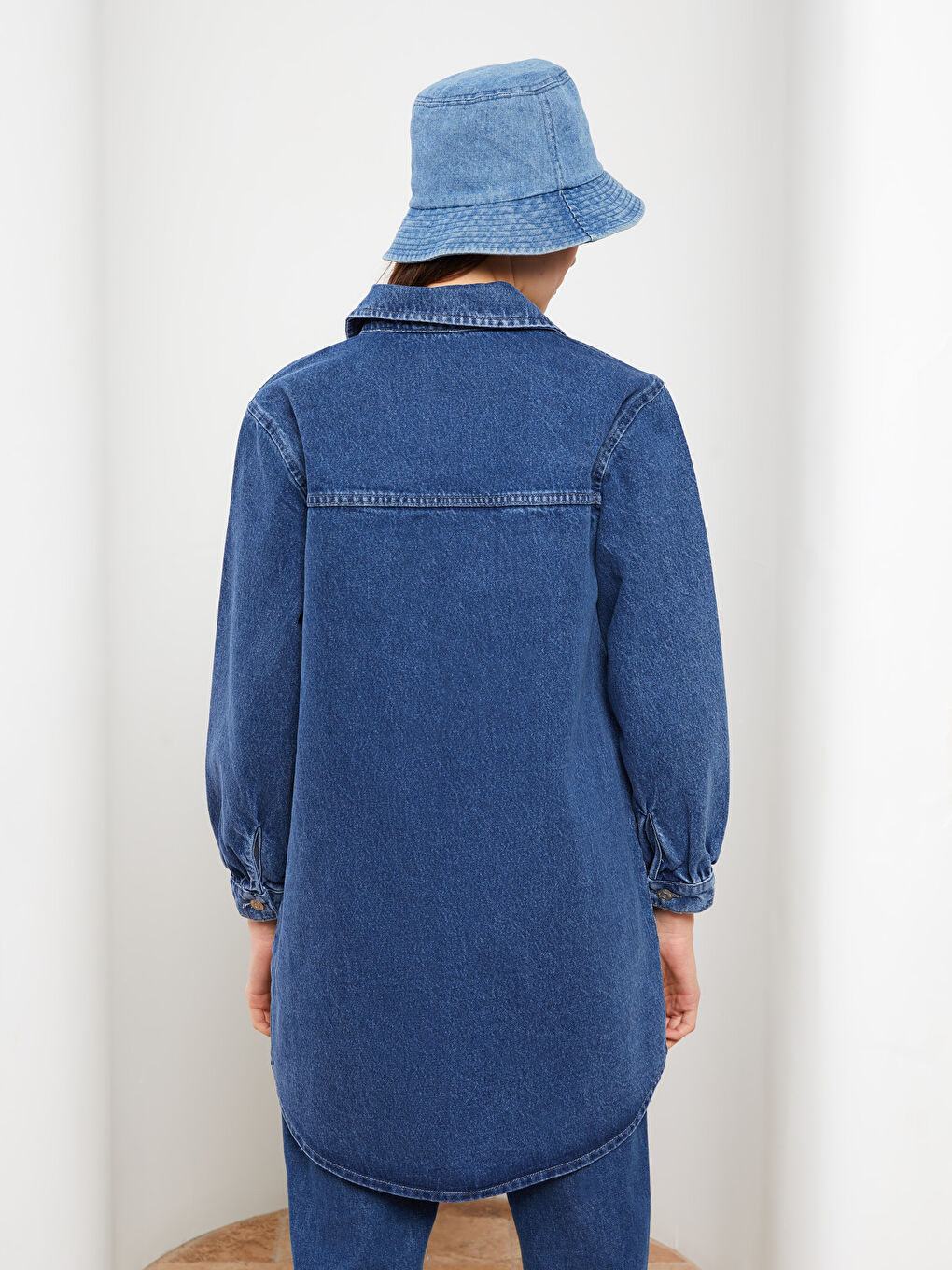İndigo Gömlek Yaka Düz Uzun Kollu Kadın Jean Tunik-4