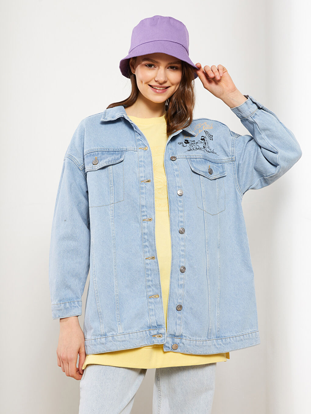 İndigo Gömlek Yaka Mickey Mouse Baskılı Uzun Kollu Kadın Rodeo Jean Ceket