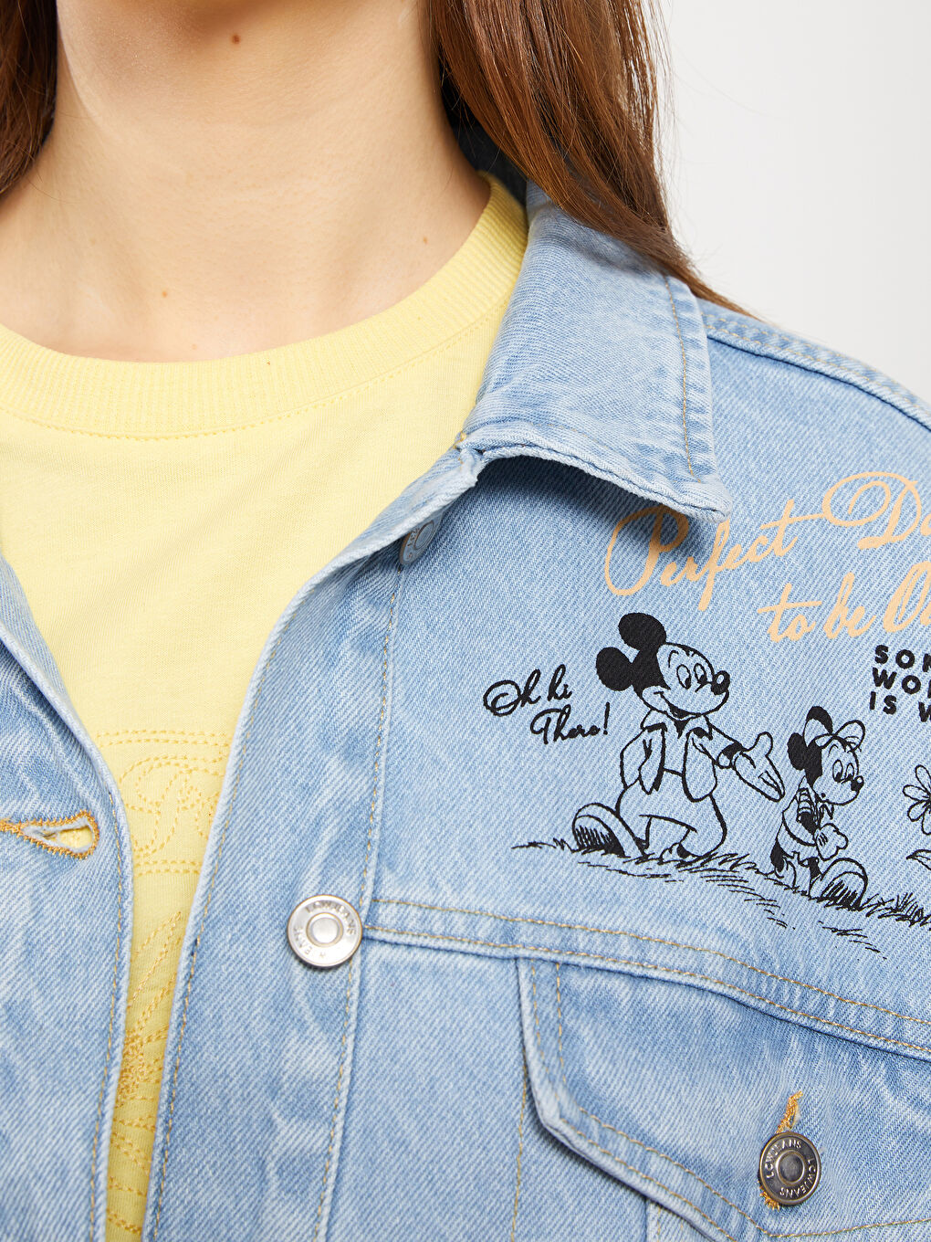 İndigo Gömlek Yaka Mickey Mouse Baskılı Uzun Kollu Kadın Rodeo Jean Ceket-2