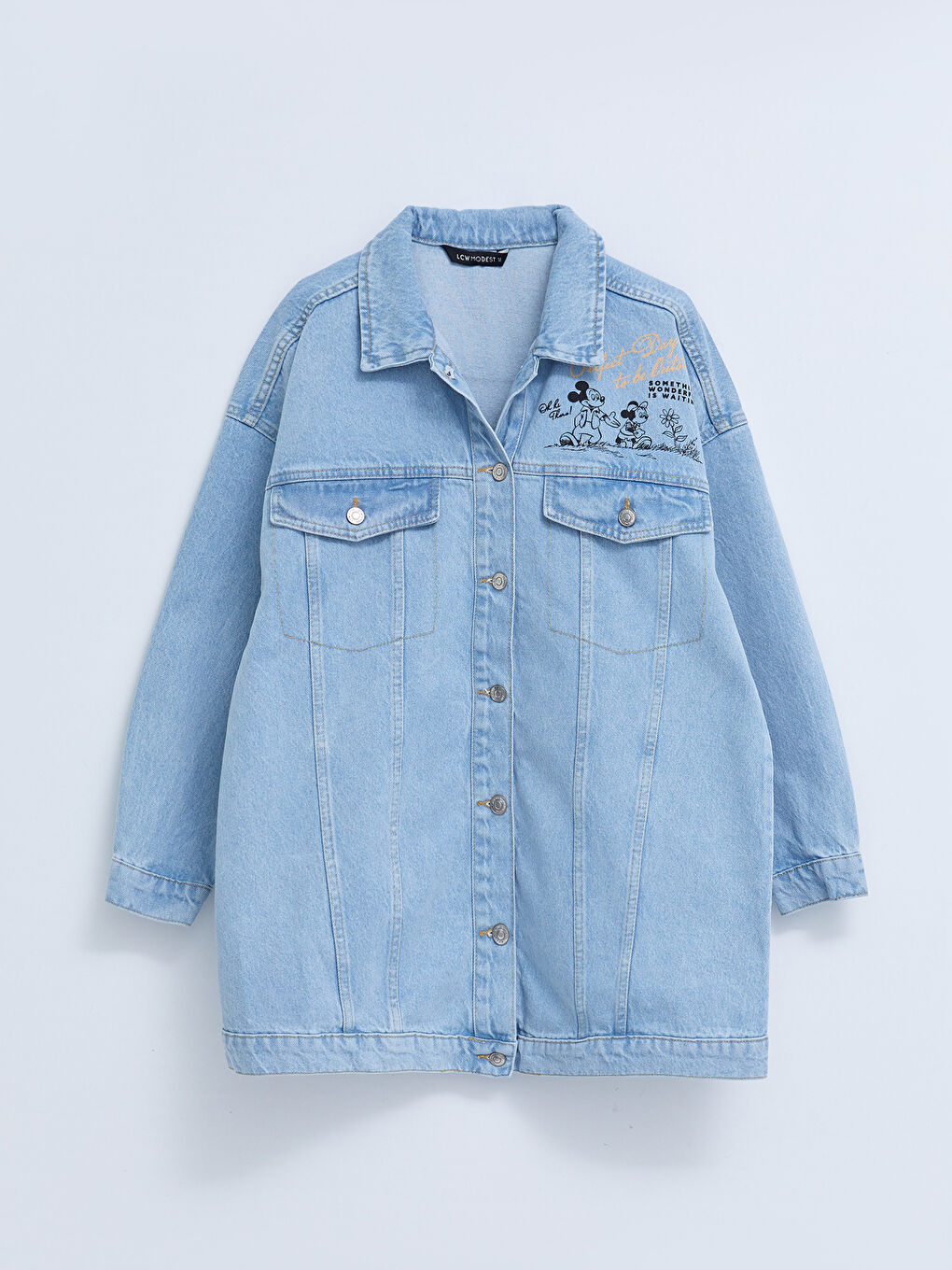 İndigo Gömlek Yaka Mickey Mouse Baskılı Uzun Kollu Kadın Rodeo Jean Ceket-5