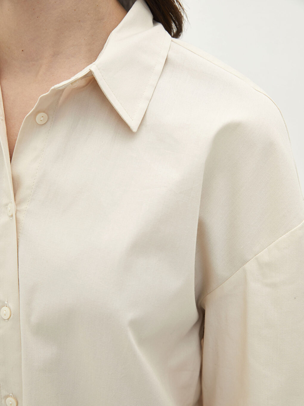 Bej Düz Uzun Kollu Oversize Poplin Kadın Gömlek Tunik-3