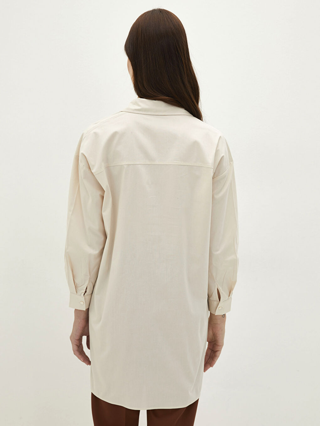 Bej Düz Uzun Kollu Oversize Poplin Kadın Gömlek Tunik-4
