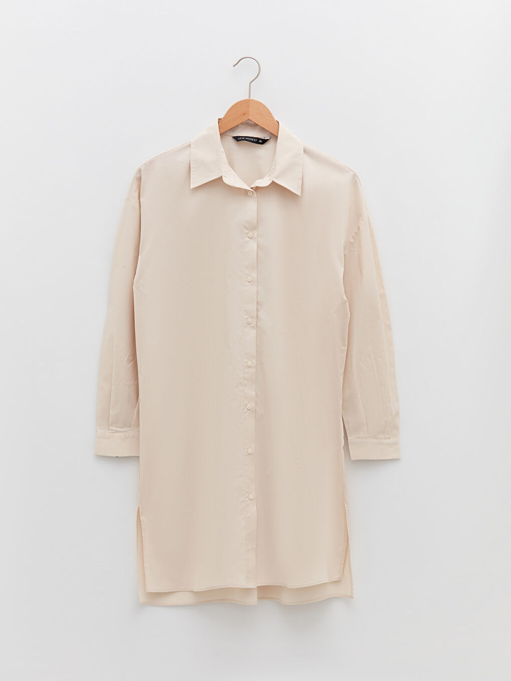 Bej Düz Uzun Kollu Oversize Poplin Kadın Gömlek Tunik-5
