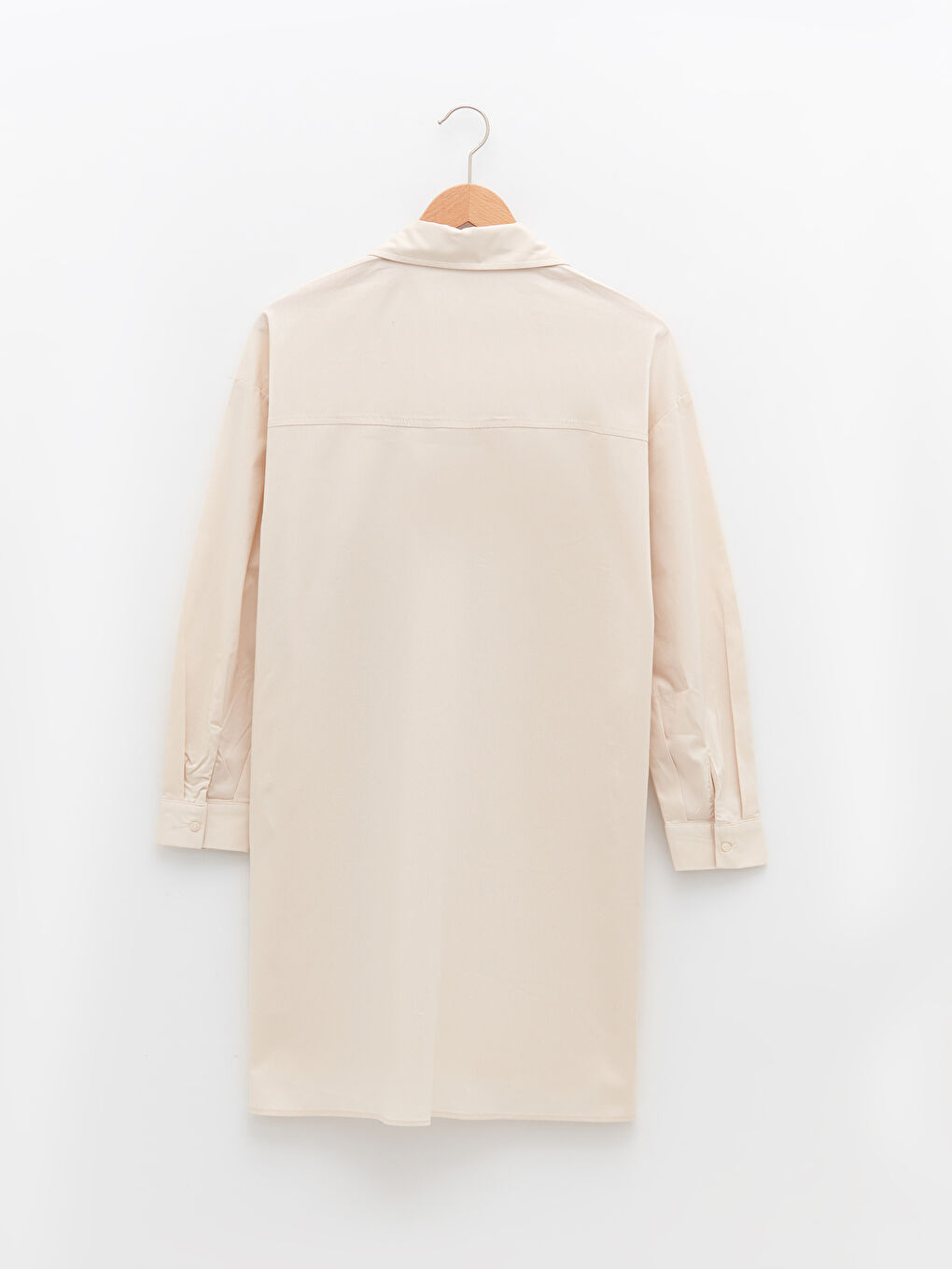 Bej Düz Uzun Kollu Oversize Poplin Kadın Gömlek Tunik-6