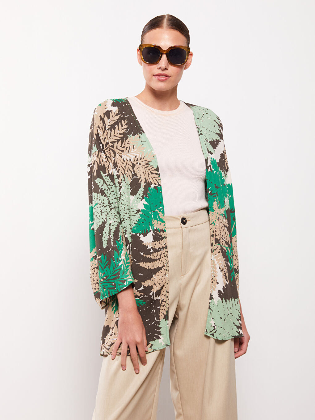 كيمونو نسائي طويل الأكمام من الفسكوز بنمط ياقة شال مطبوع-1