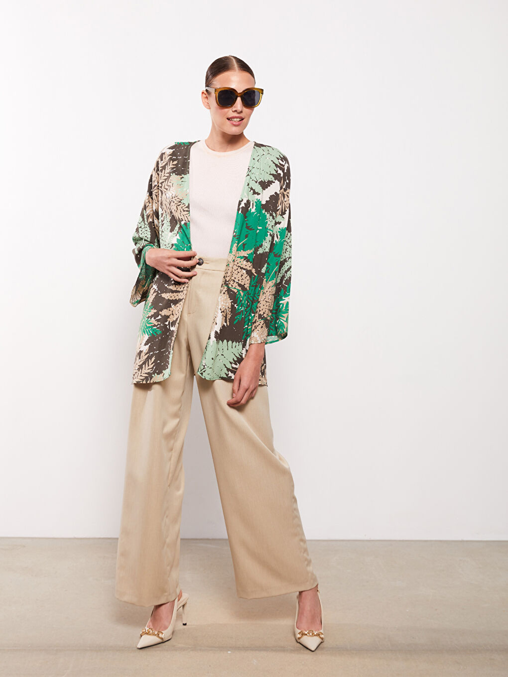 كيمونو نسائي طويل الأكمام من الفسكوز بنمط ياقة شال مطبوع-2