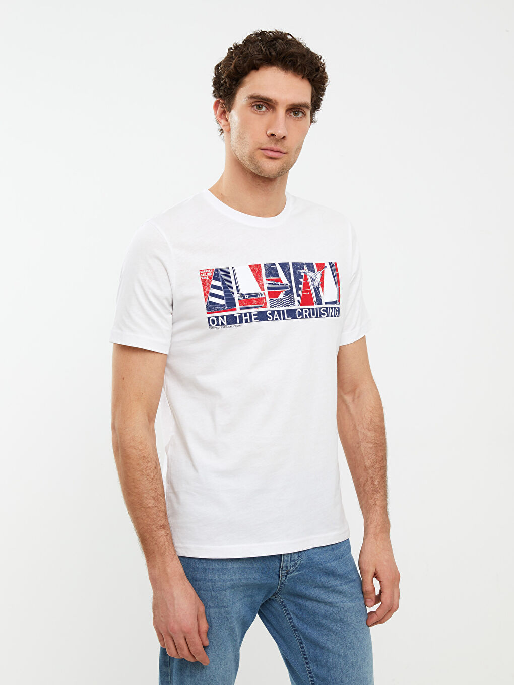 Beyaz Bisiklet Yaka Kısa Kollu Baskılı Penye Erkek Tişört