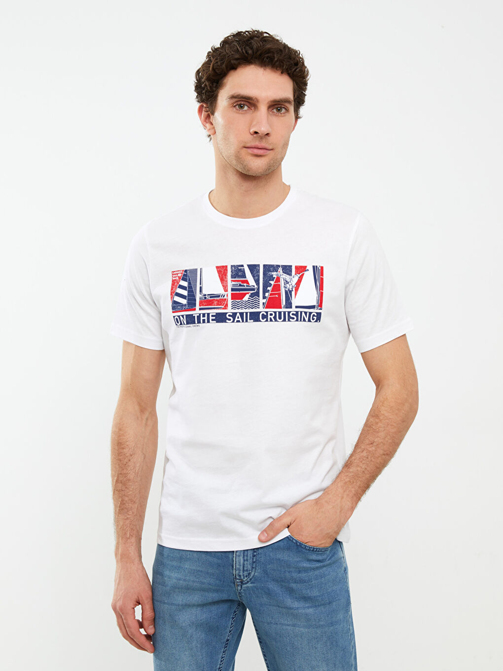Beyaz Bisiklet Yaka Kısa Kollu Baskılı Penye Erkek Tişört-1