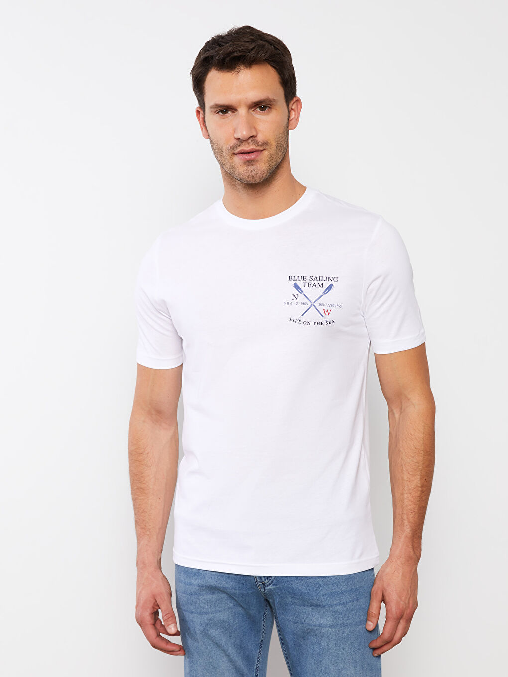 Beyaz Bisiklet Yaka Kısa Kollu Baskılı Penye Erkek Tişört