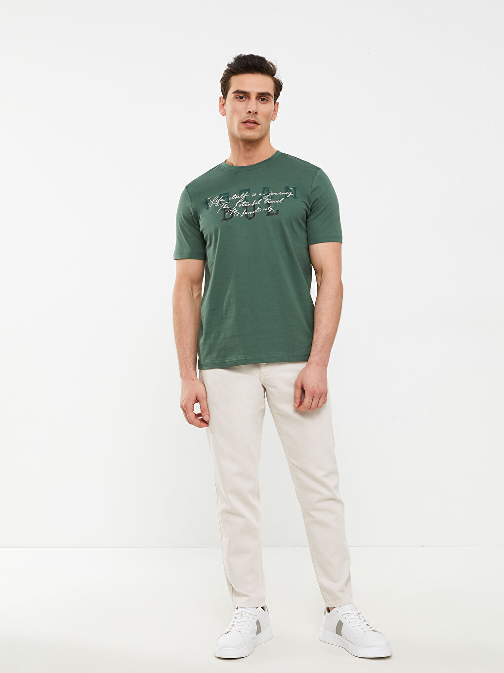 Yeşil Bisiklet Yaka Kısa Kollu Baskılı Penye Erkek Tişört-1