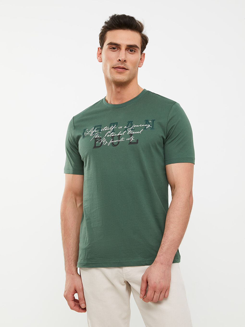 Yeşil Bisiklet Yaka Kısa Kollu Baskılı Penye Erkek Tişört-2
