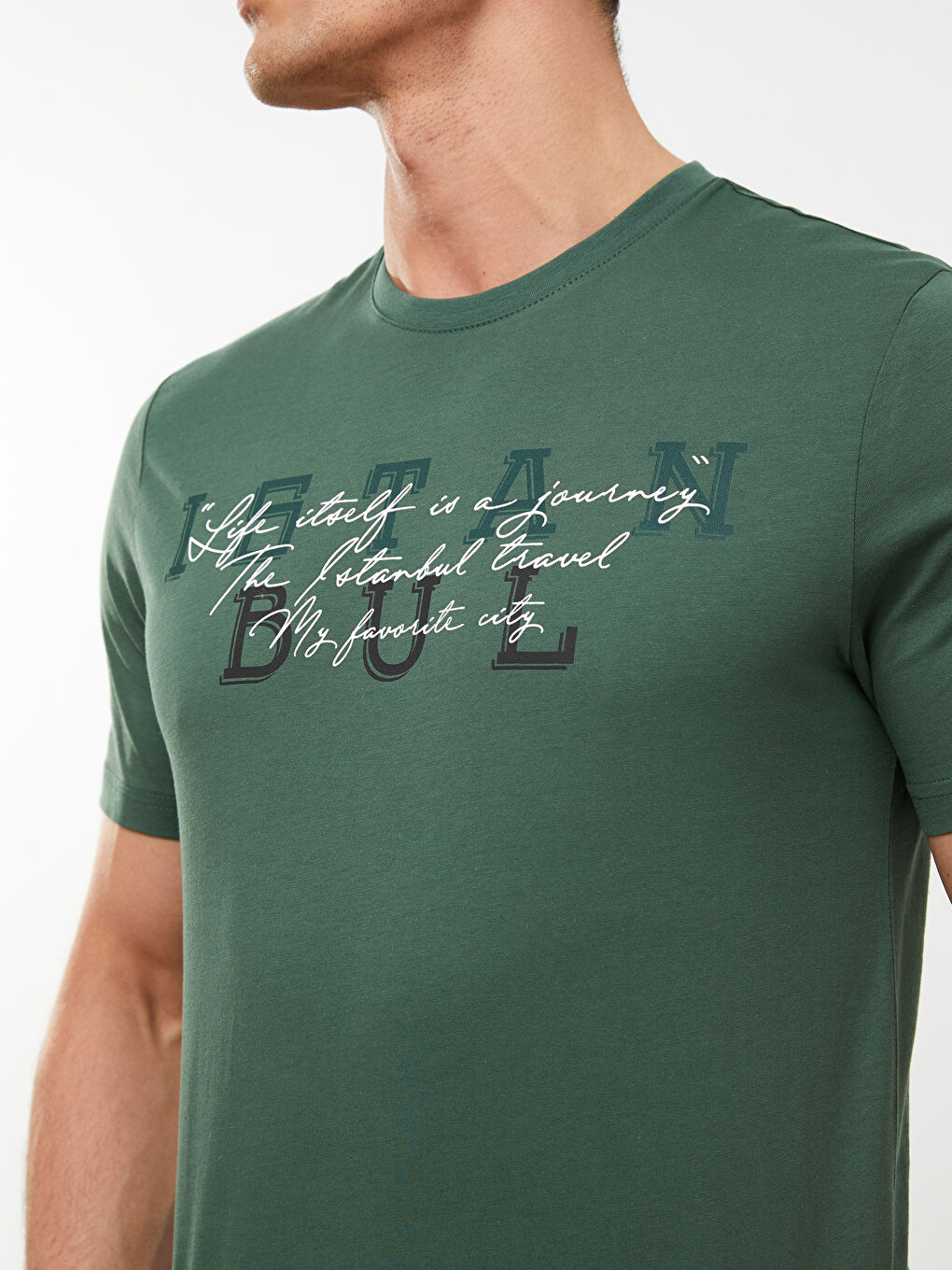 Yeşil Bisiklet Yaka Kısa Kollu Baskılı Penye Erkek Tişört-3
