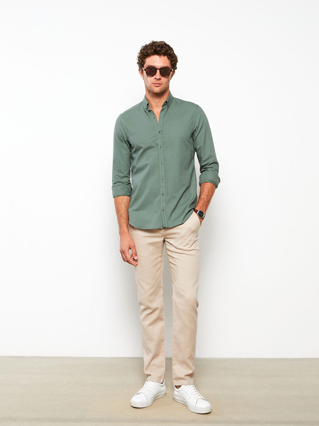 Bej Slim Fit Poplin Erkek Pantolon-1