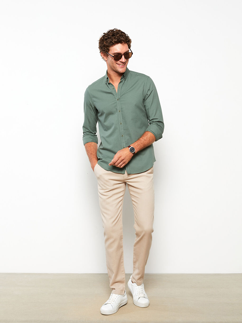 Bej Slim Fit Poplin Erkek Pantolon-2